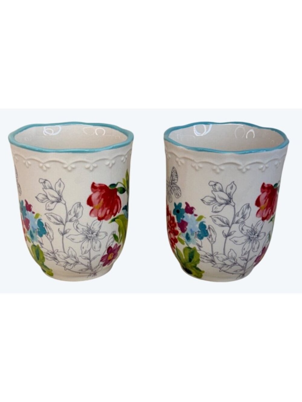 2 Pioneer Woman Stoneware Blooming Bouquet Mugs Floral Butterfly - Picture 4 of 9